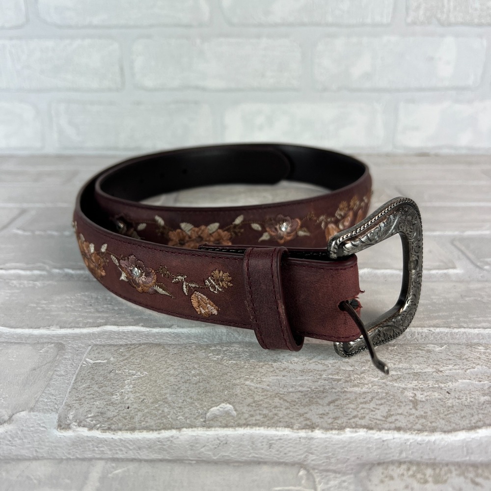 Cavender's Belt Womens Large Brown Leather Floral Embroidery Rhinestone Western